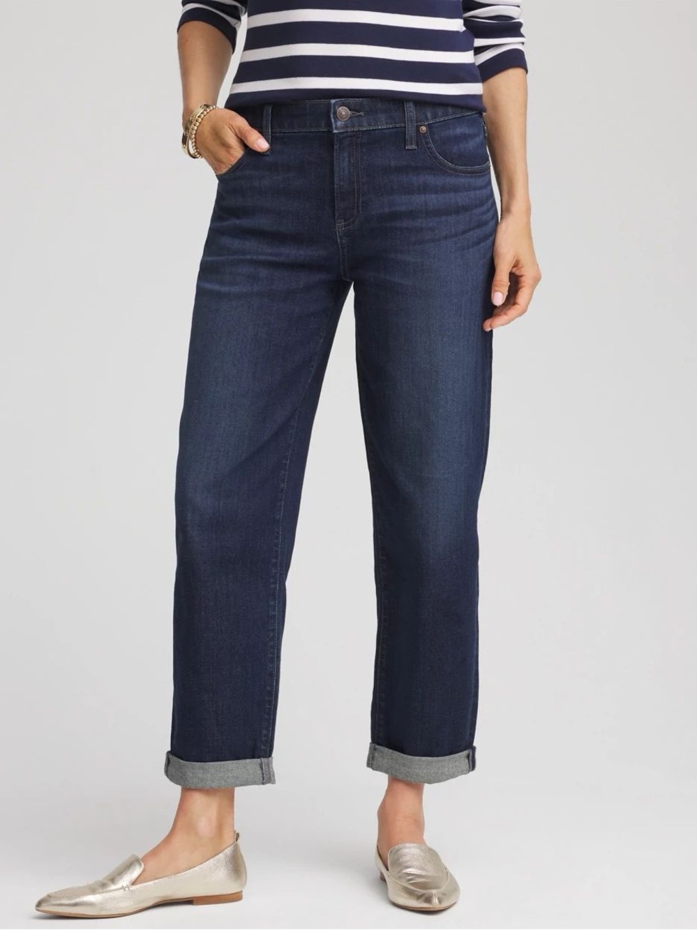 CHICO’S 1.5 Relaxed Boyfriend Jeans Dark Wash Cropped Denim Ariel Sea Indigo 10